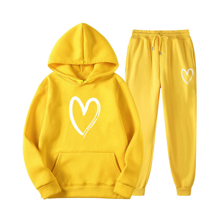 Damen Sweatsuit mit Kängurutasche und herzförmigem Print Drune