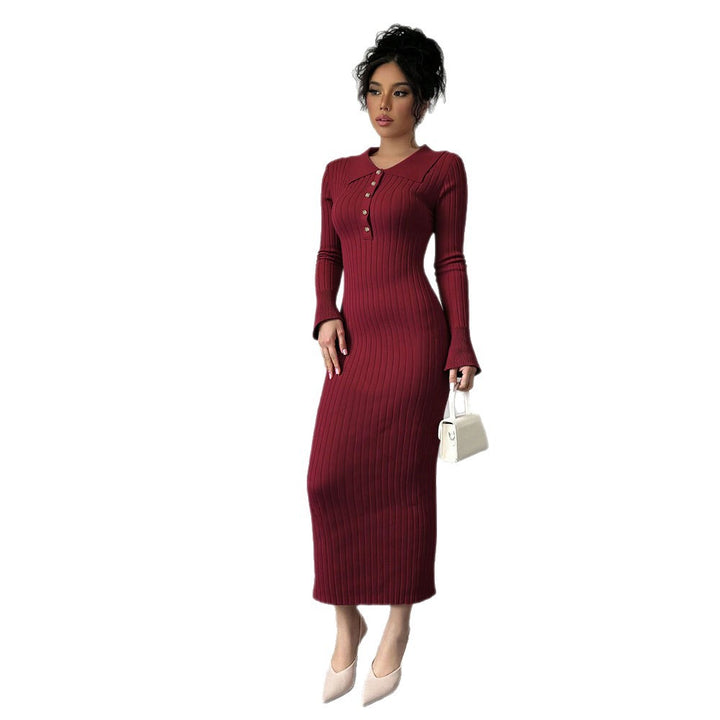 Damen figurbetontes Maxikleid mit Polokragen und Knopfleiste Drune