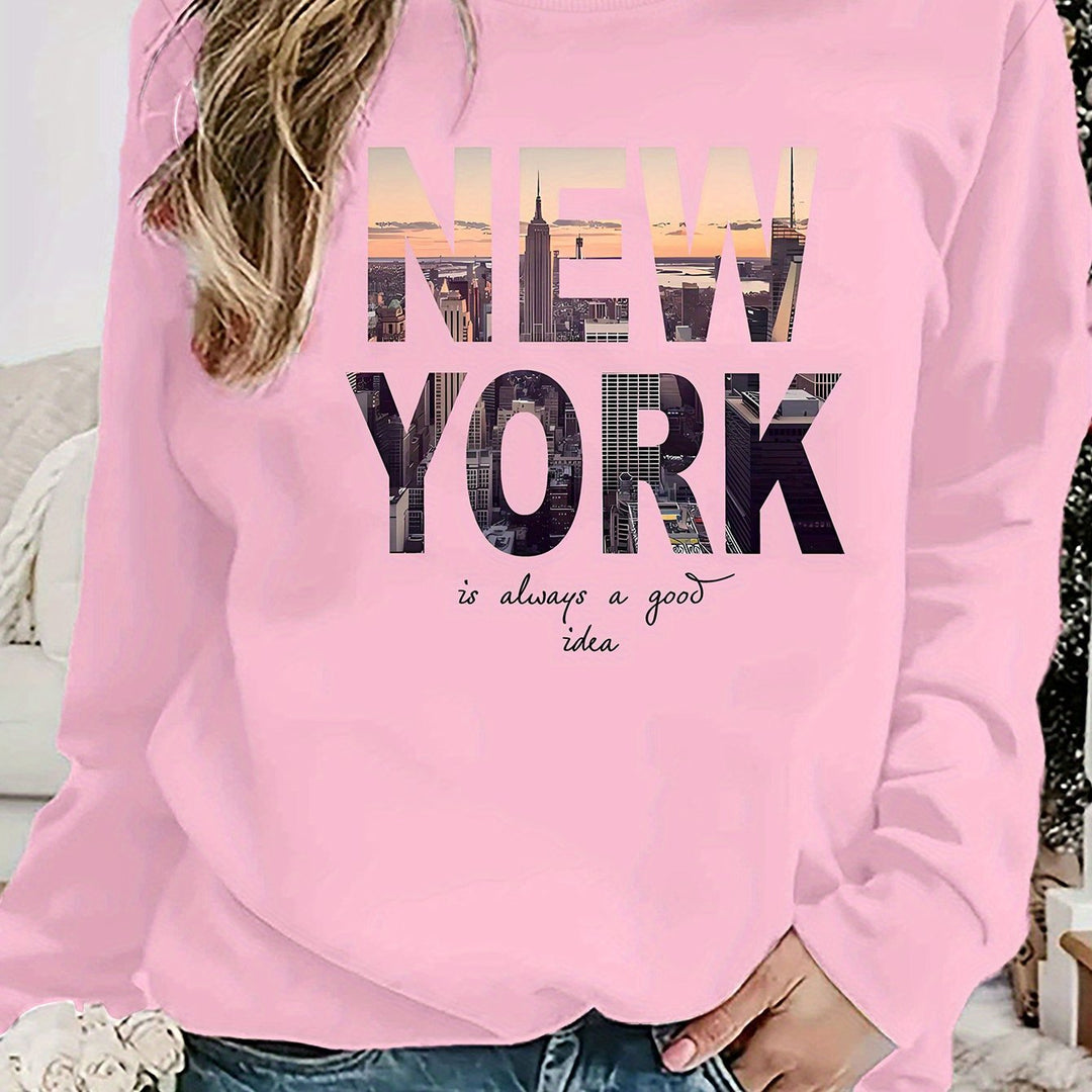 Damen Sweatshirt mit kreativem New York Skyline Druck und gemütlichem Schnitt Drune