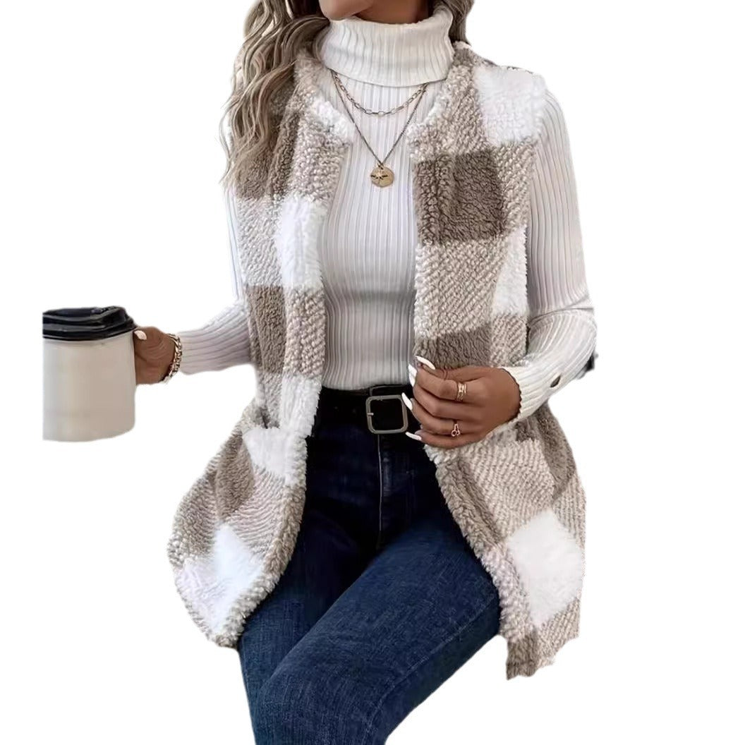Damen Weicher Plaid-Weste mit seitlichen Taschen und gemütlichem Schnitt Drune