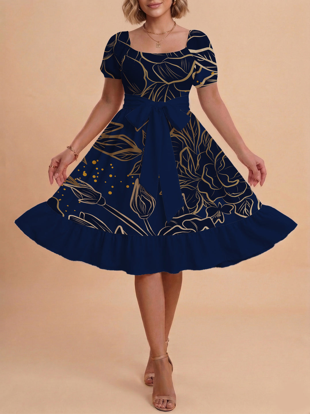 Damen A-Linien-Kleid mit floralen Motiven und taillierbarem Gürtel Drune