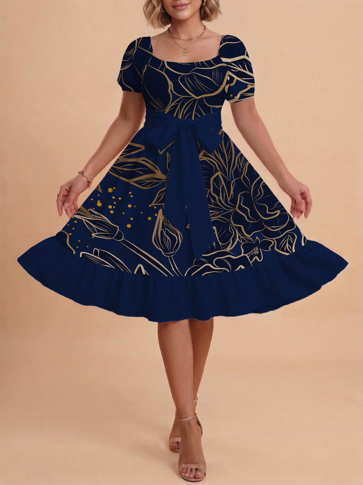 Damen A-Linien-Kleid mit floralen Motiven und taillierbarem Gürtel Drune