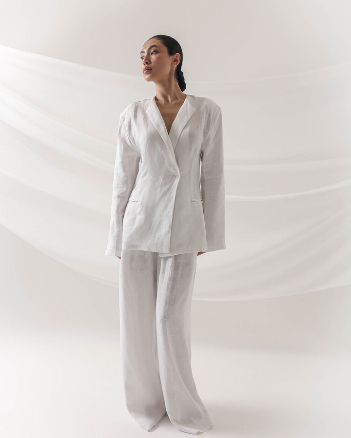 Damen elegantes Leinenanzug-Set mit langärmliger Jacke und weitem Schnitt Drune