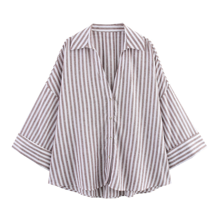 Damen lässige Bluse mit voluminösen Ärmeln und durchgehender Knopfleiste Drune