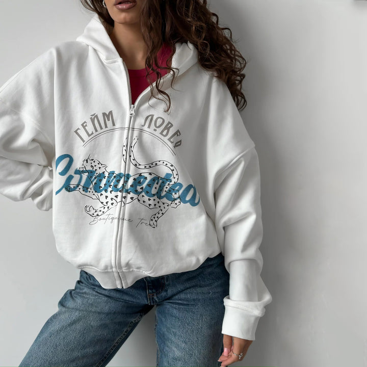 Damen oversized Kapuzenjacke mit kreativem Druck Drune