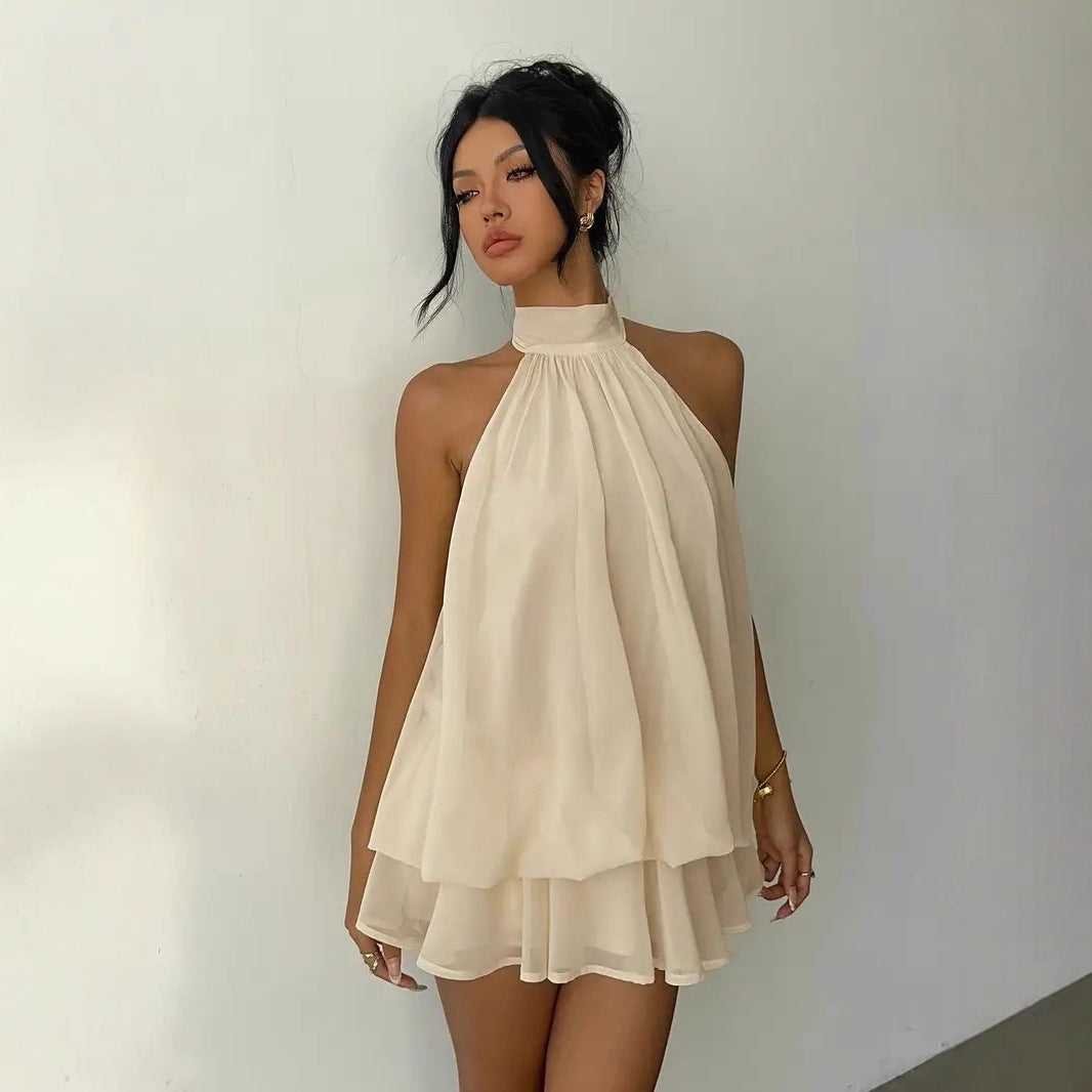 Damen elegantes Hochgeschlossenes Minikleid mit fließendem Stoff und verspieltem Volant Drune