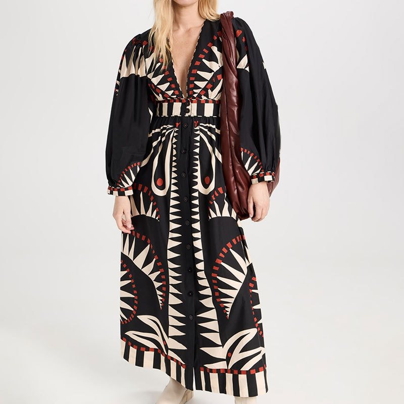 Damen Maxikleid mit ausgefallenem geometrischem Muster und eleganter Knopfleiste Drune