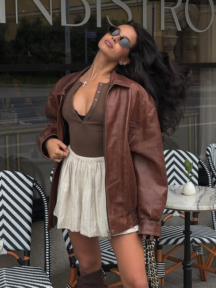 Damen lässige Kunstlederjacke im Oversized-Stil Drune