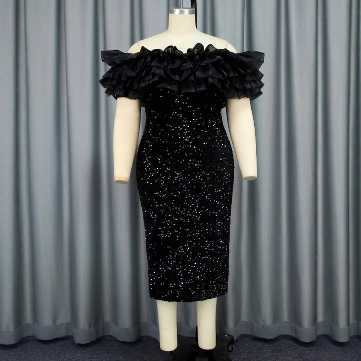 Damen Elegantes Abendkleid mit voluminösen Rüschen und funkelnden Pailletten Drune
