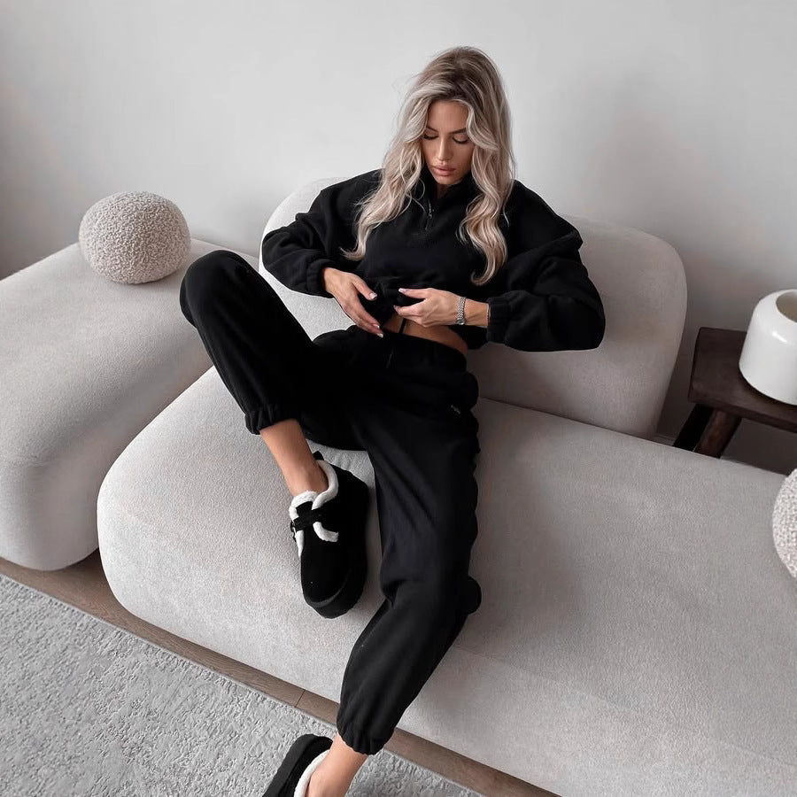 Damen Fleece Trainingsanzug mit halbem Reißverschluss und elastischem Bund Drune