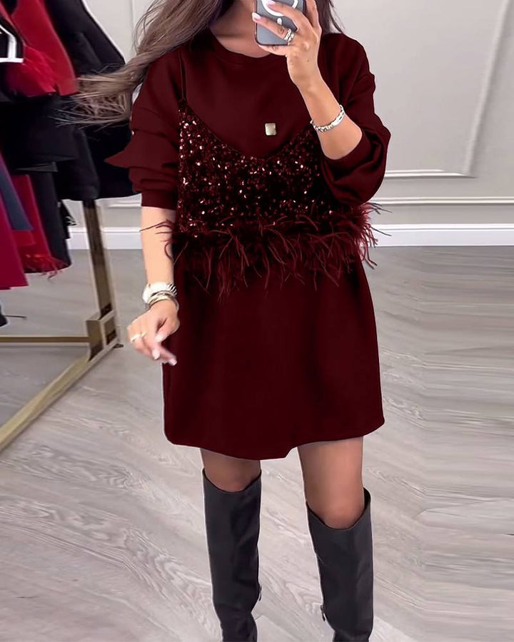 Damen modisches Sweatkleid mit glitzerndem Oberteil Drune