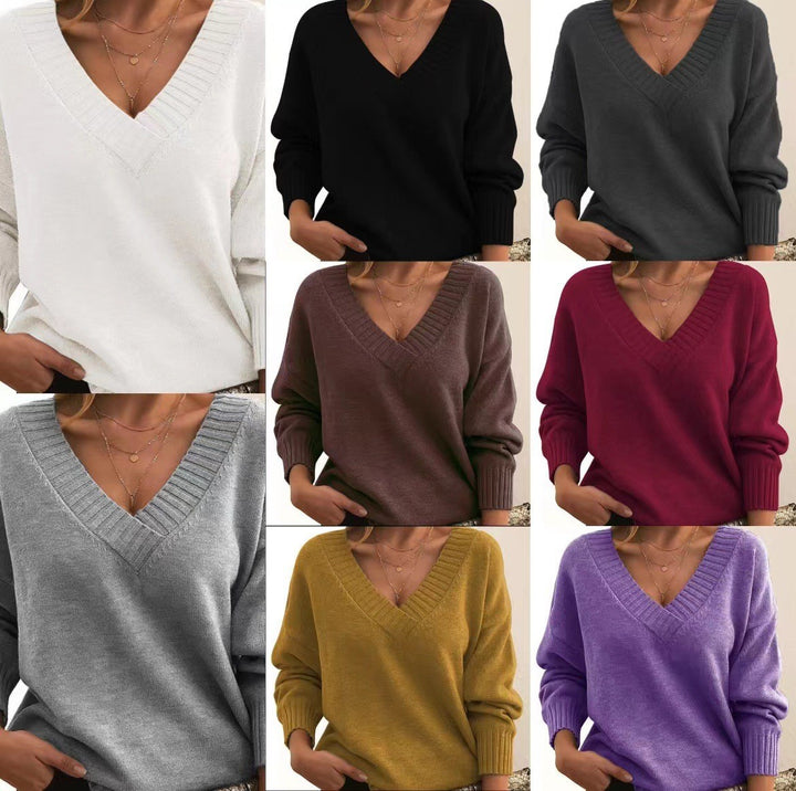 Damen nan Oversized V-Ausschnitt Strickpullover mit gerippten Bündchen Drune