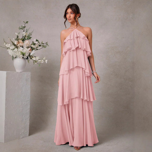 Damen Maxikleid mit voluminösen Rüschendetails und elegantem V-Ausschnitt Drune