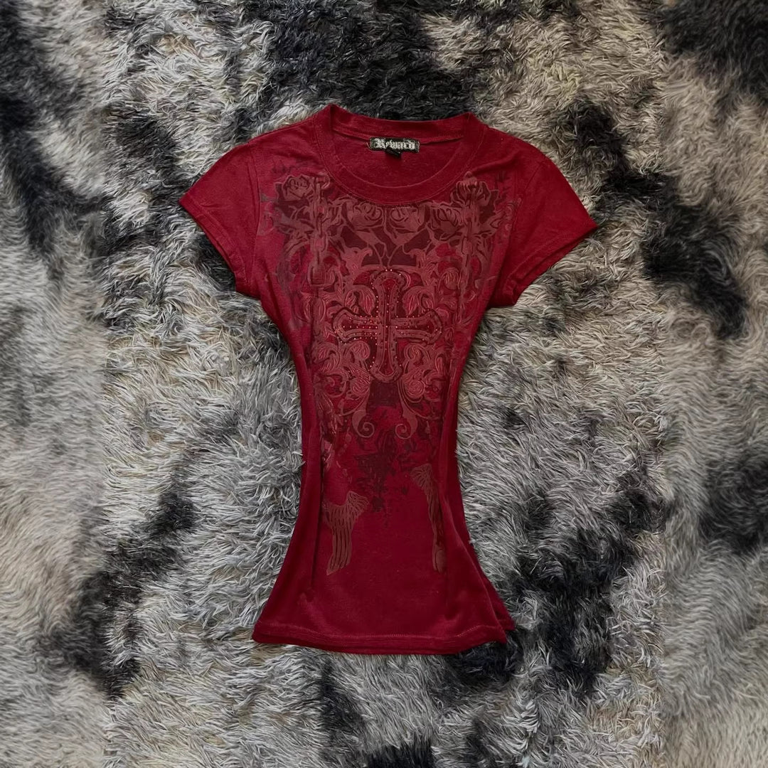 Damen T-Shirt mit aufwendig gestaltetem floralem Druck und Glitzerakzenten Drune