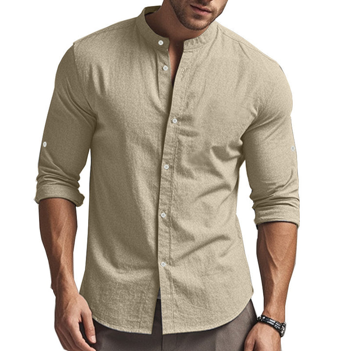 Herren modisches Langarm-Hemd mit innovativem Stehkragen und eleganter Knopfdetail Drune