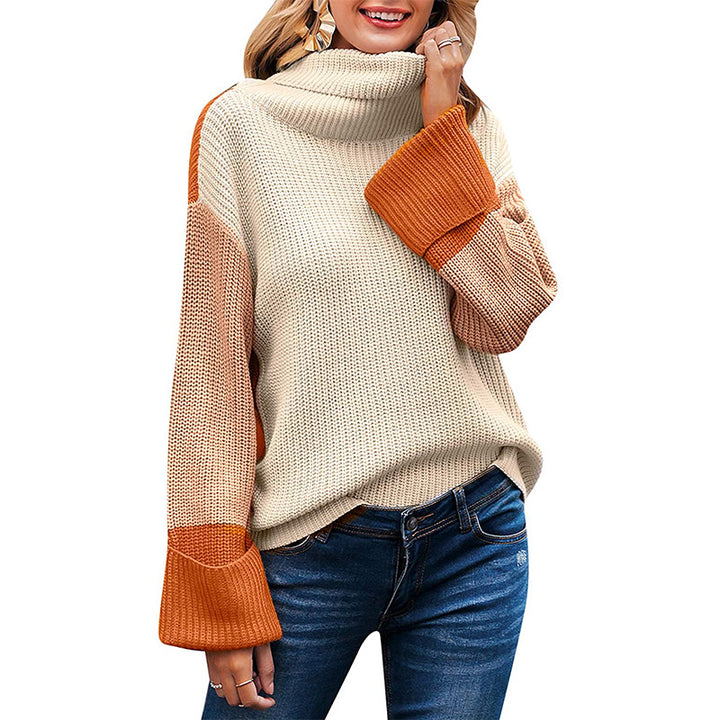 Damen Grobstrickpullover mit hohem Kragen und kontrastierenden Ärmeln Drune