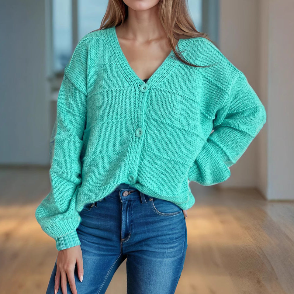 Damen lässige Strickjacke mit tiefem V-Ausschnitt und eleganten Knopfdetails Drune