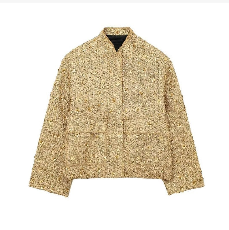 Damen nan strukturierte Boucléjacke mit Stehkragen, aufgesetzten Taschen und elastischem Saum Drune
