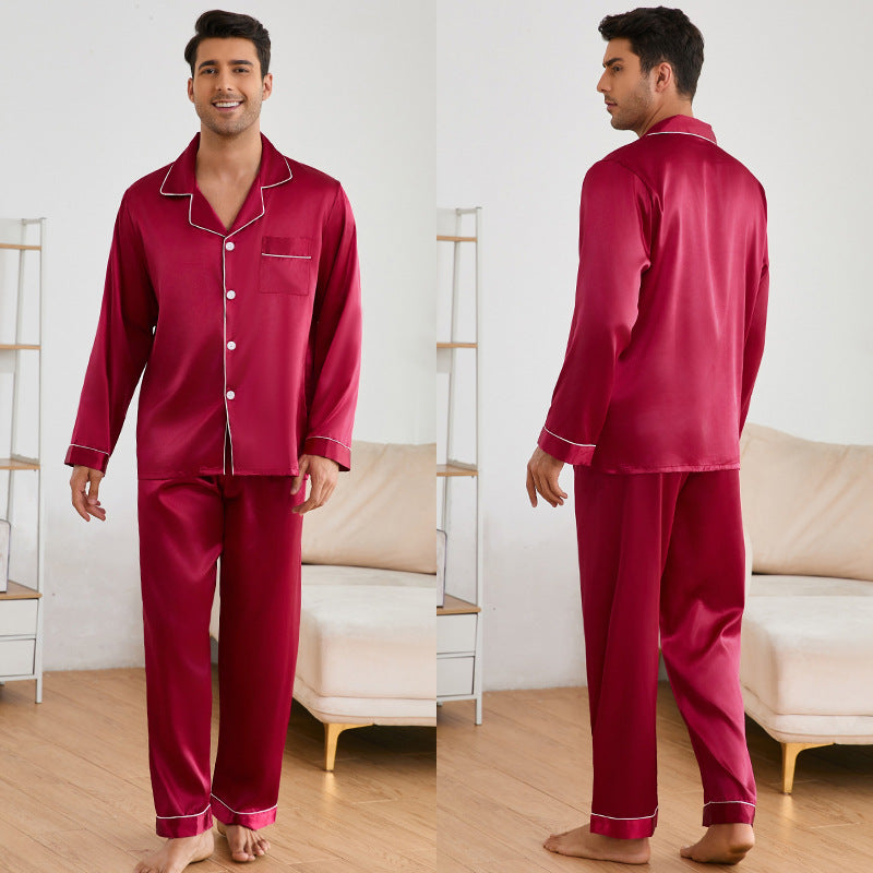 Herren Satin Schlafanzug-Set mit Klassischem Kragen und Eleganten Kontrastnähten Drune