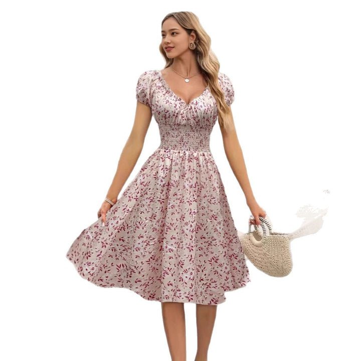 Damen Floral Midi-Kleid mit elastischem Bund und Puffärmeln Drune