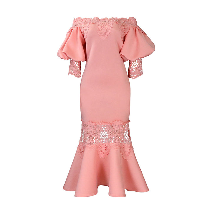 Damen Bodycon Kleid mit Spitzenapplikationen und voluminösen Ärmeln Drune