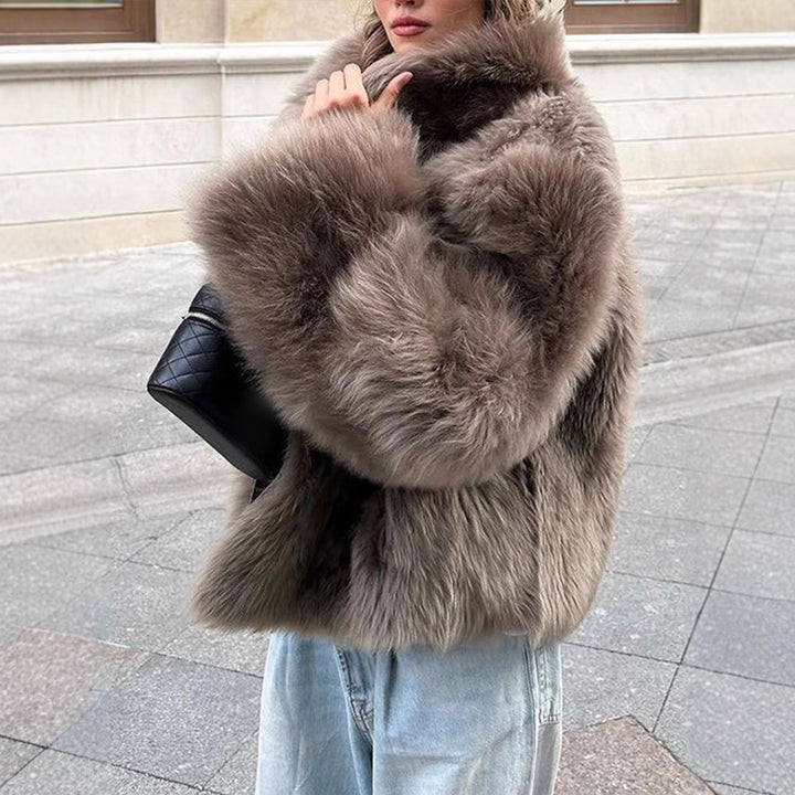 Damen Luxus Kunstfelljacke mit breitem Kragen Drune
