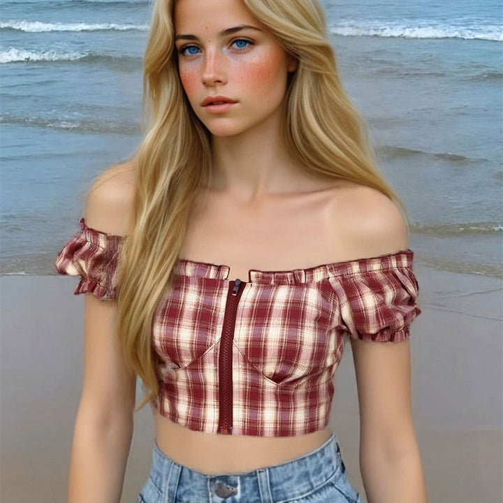 Damen Cropped Bluse mit Puffärmeln und Reißverschluss Drune