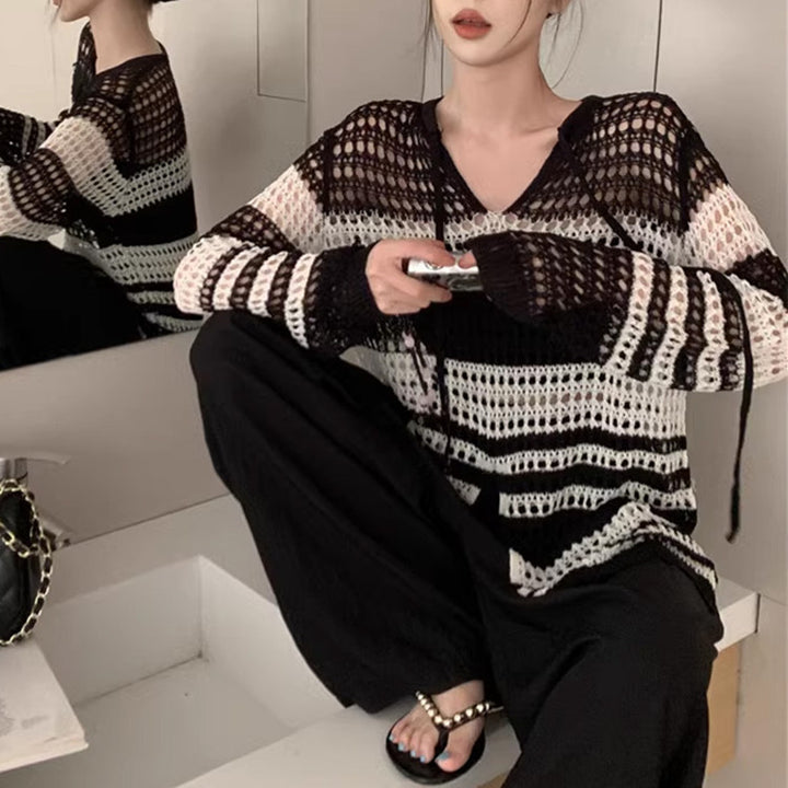 Damen luftiger Strickpullover mit modernem Netzdesign und langen Ärmeln Drune