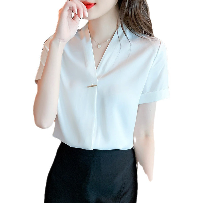 Damen Elegante Bluse mit V-Ausschnitt und modischem Knopfdetail Drune