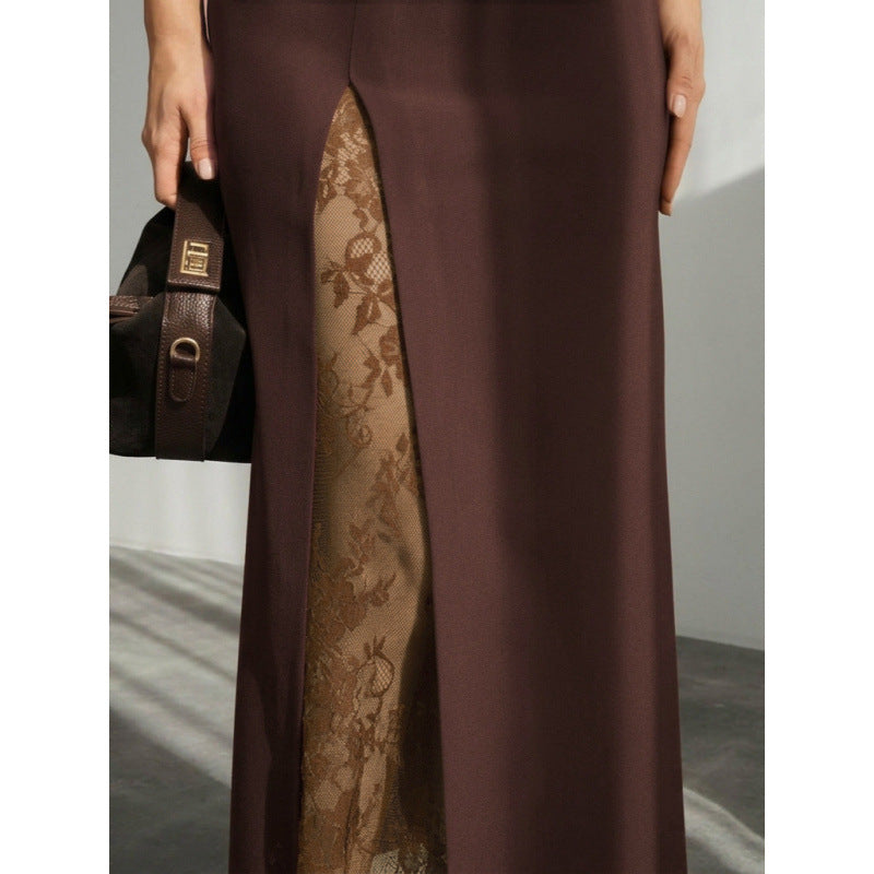 Damen Eleganter Maxirock mit transparentem Spitzeneinsatz und seitlichem Schlitz Drune