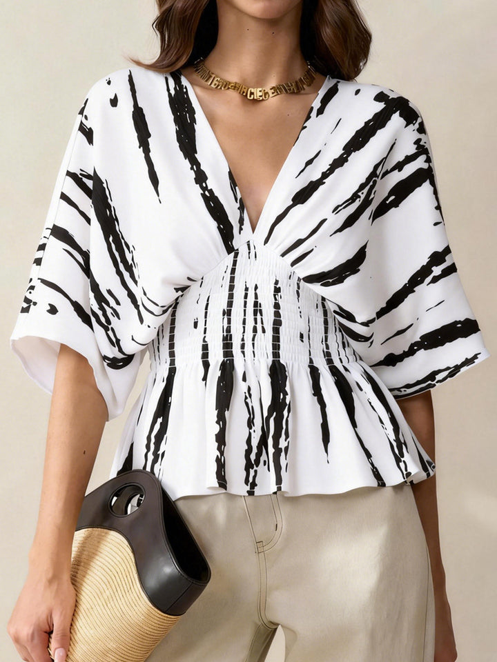 Damen lässige Bluse mit tiefem V-Ausschnitt und Raffung Drune