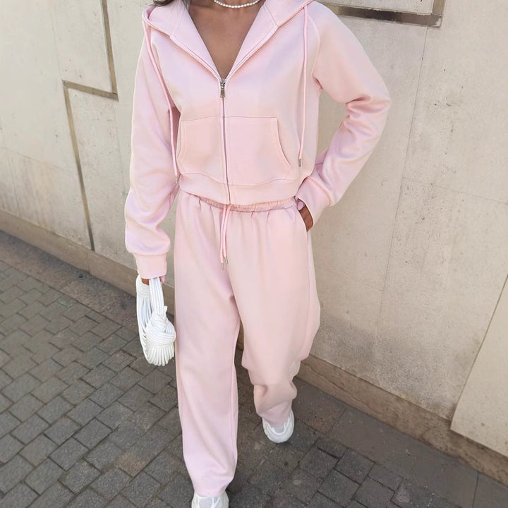 Damen Sportliches Freizeit-Set mit modischem Cropped Hoodie und weiter Hose Drune