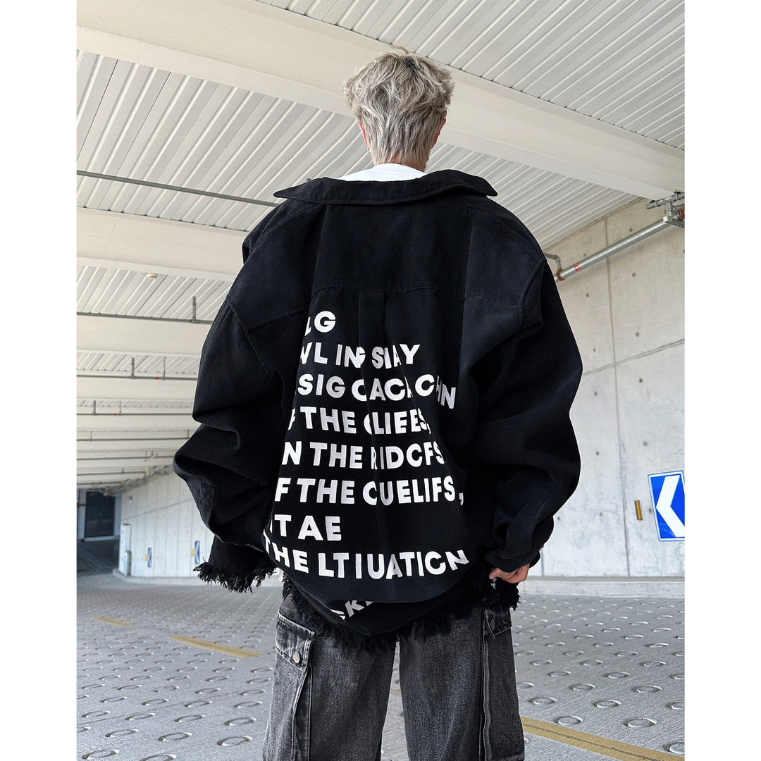 Herren Oversize-Denimjacke mit Fransen und grafischem Druck Drune