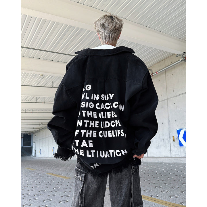 Herren Oversize-Denimjacke mit Fransen und grafischem Druck Drune