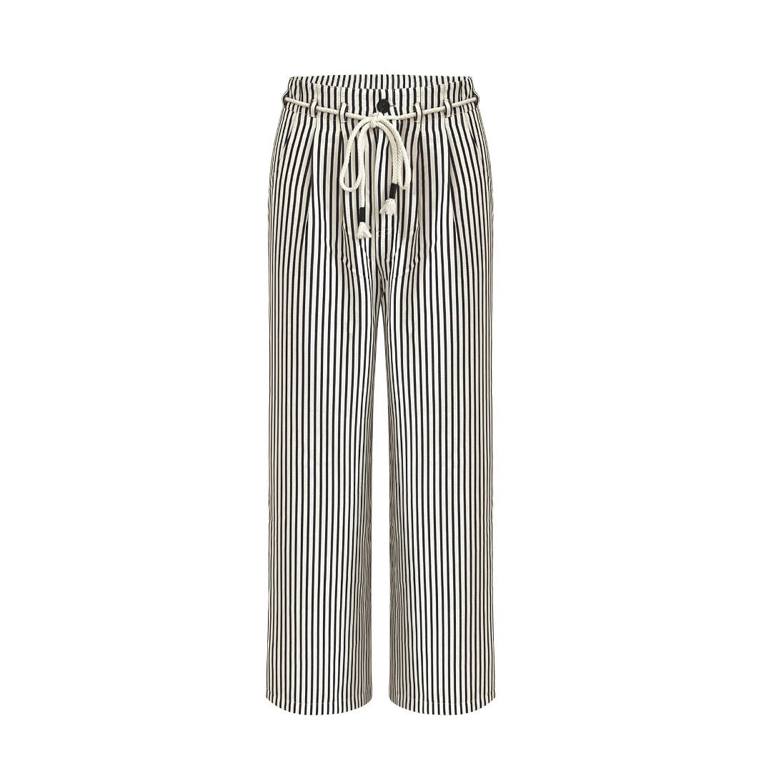 Damen Weite Leinenhose mit Streifenmuster und verstellbarem Bund Drune