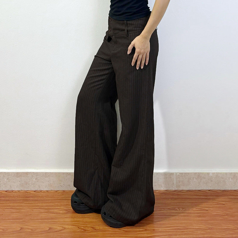 Damen Elegante weit geschnittene Streifenhose mit hoch sitzendem Bund und dekorativen Knopfdetails Drune
