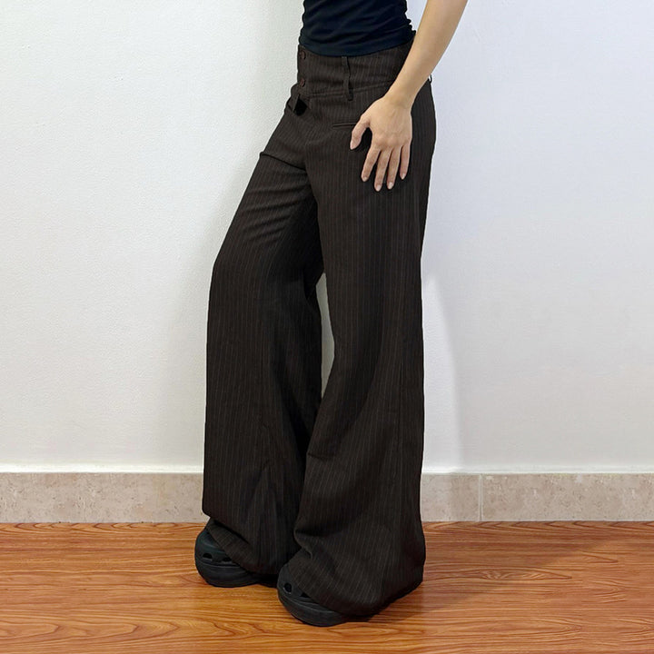 Damen Elegante weit geschnittene Streifenhose mit hoch sitzendem Bund und dekorativen Knopfdetails Drune