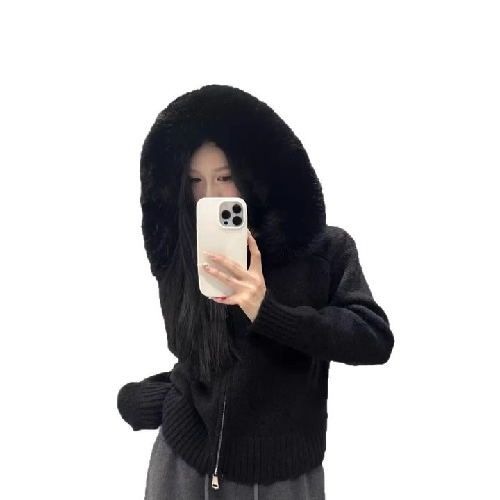 Damen modische Strickjacke mit abnehmbarer Kapuze aus weichem Material Drune
