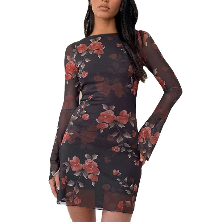 Damen lässiges Minikleid mit floralem Muster und transparenten Ärmeln Drune
