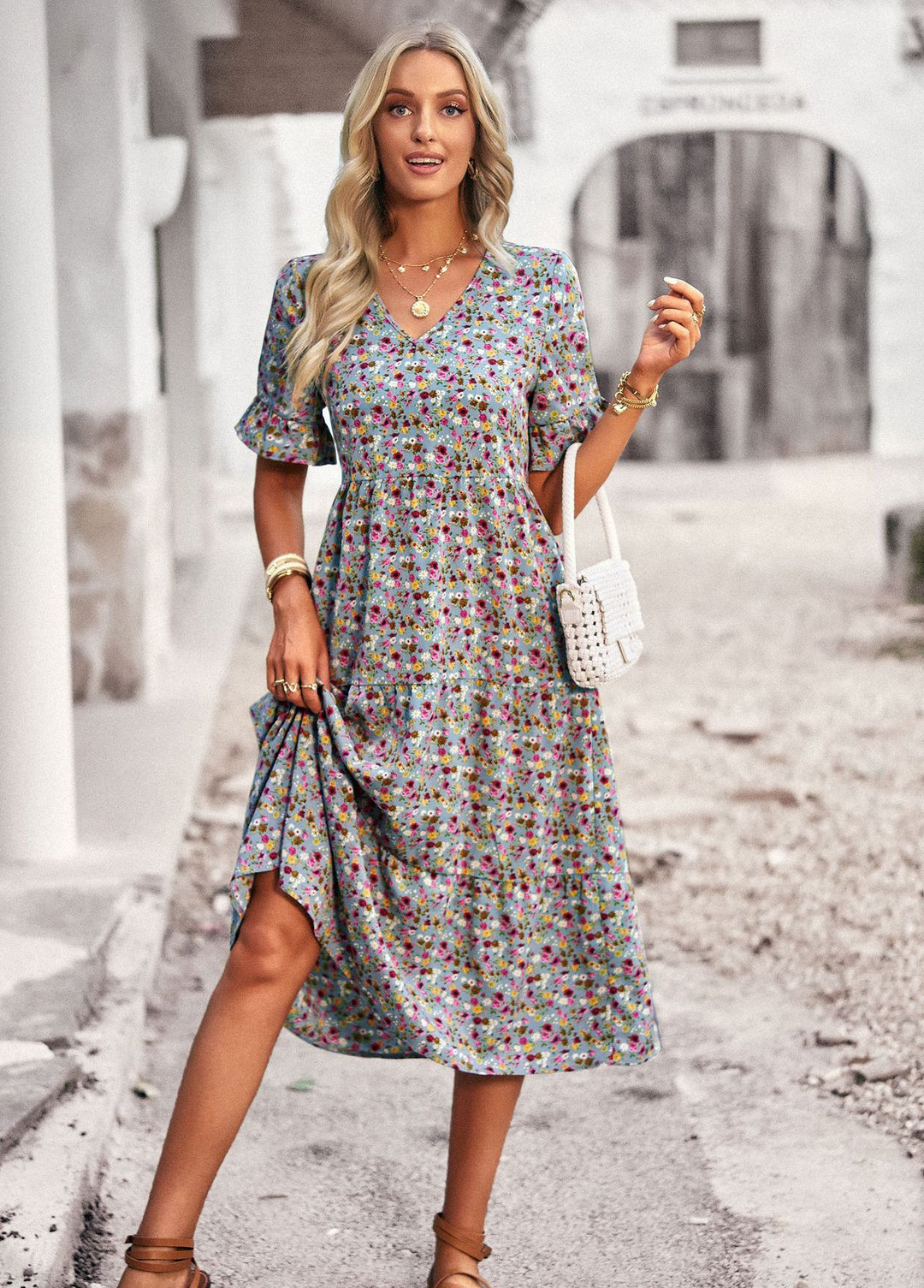 Damen Midi-Kleid mit floralem Muster und verspieltem V-Ausschnitt Drune