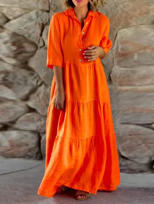 Damen nan langes Hemdblusenkleid mit geraffter Taillennaht, dreiviertelärmeln und stufigem Volantrock Drune