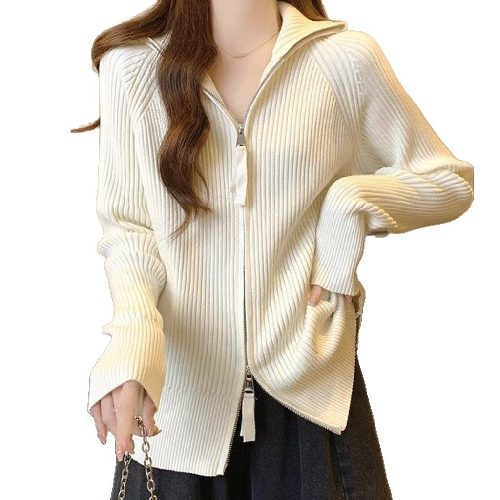 Damen Modische Strickjacke mit Stehkragen und Reißverschluss Drune