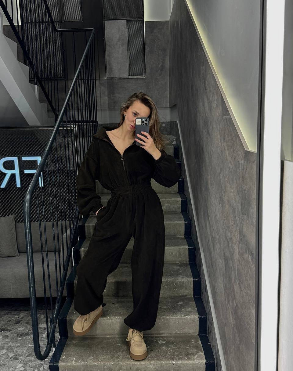 Damen Fleece-Jumpsuit mit hohem Kragen und elastischem Bund Drune