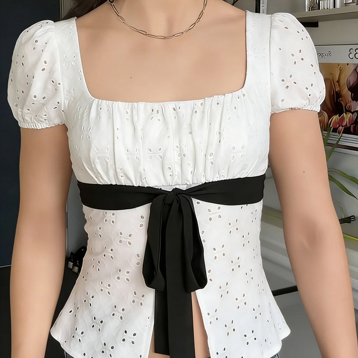 Damenbluse mit Raffungen und dekorativem Bindeband Drune