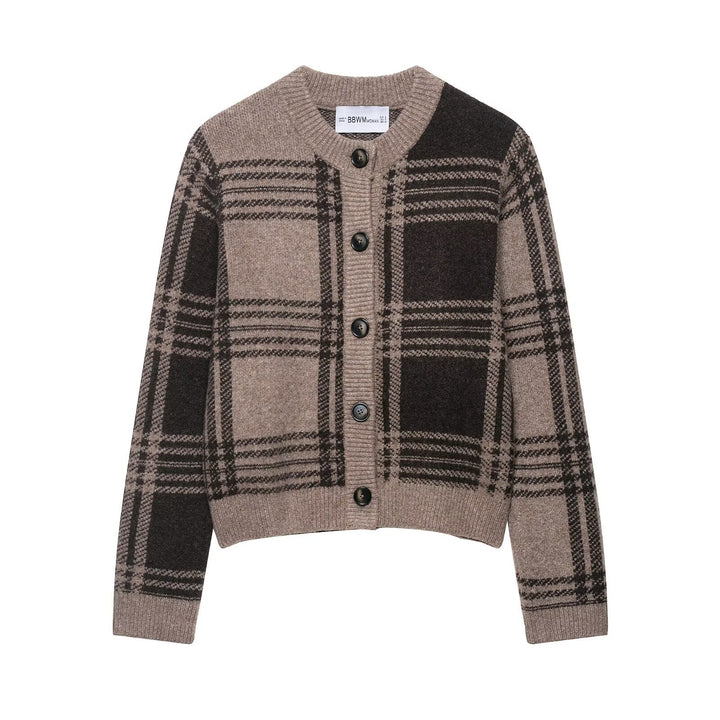 Damen modische Strickjacke mit Karomuster und Knopfleiste Drune
