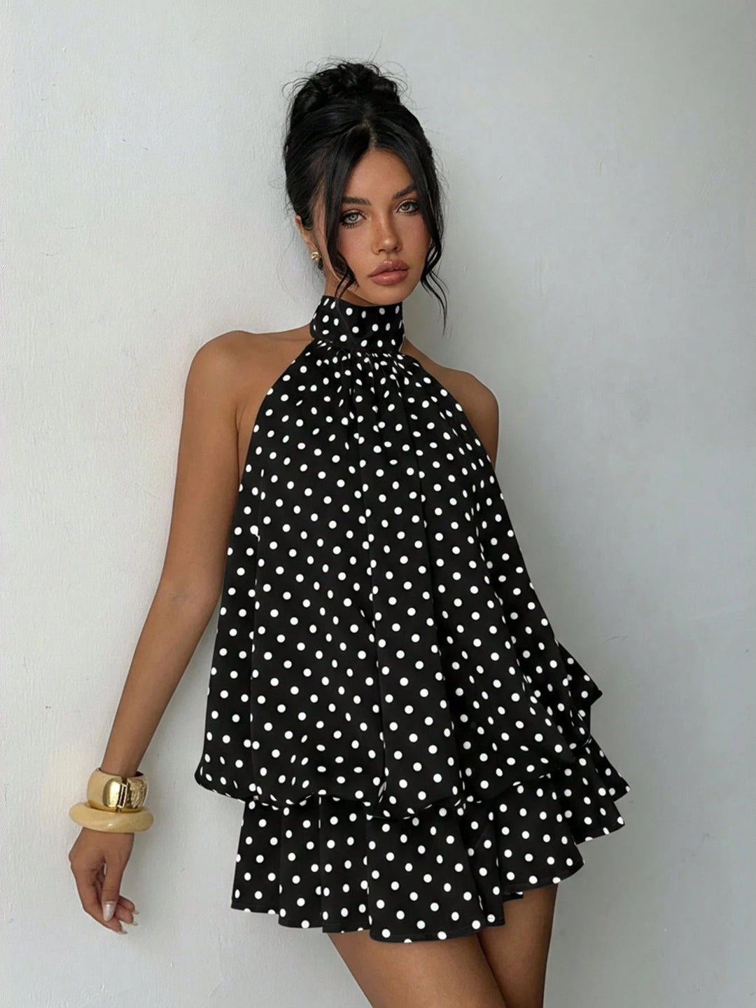 Damen modisches Polka-Dots Set mit hohem Kragen und voluminösen Ärmeln Drune