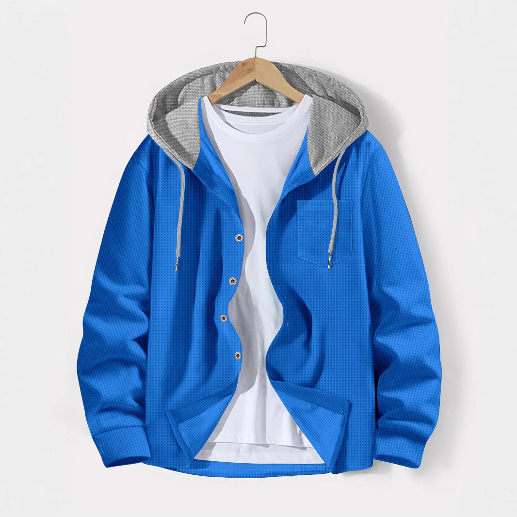Herren nan leichtes Utility-Hoodie-Überhemd mit Kontrastkapuze, Knopfleiste und Brusttasche Drune