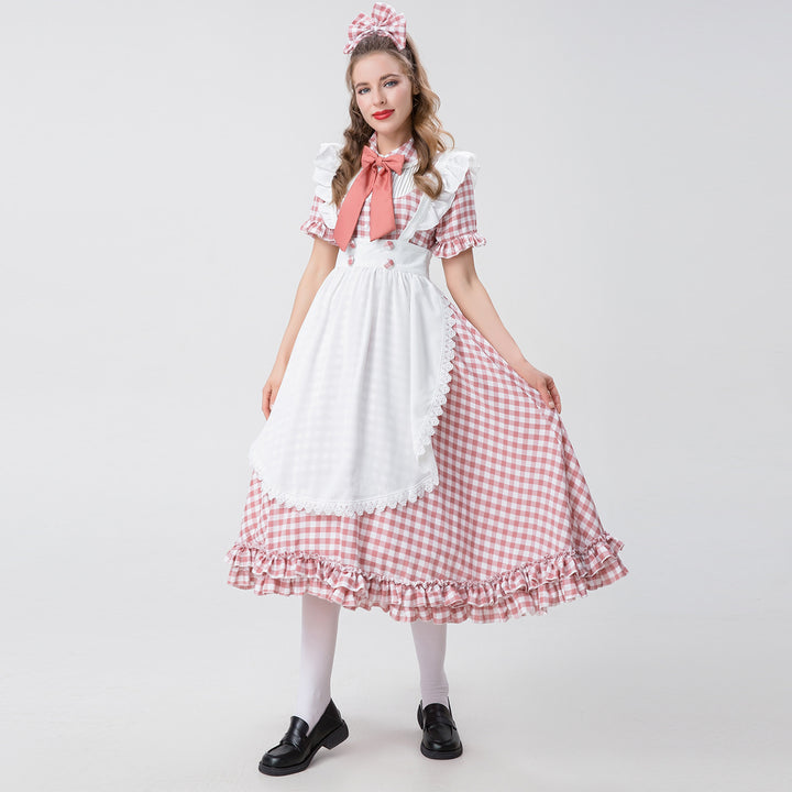 Damen nan Vintage-inspiriertes Karo-Swingkleid mit abnehmbarer Schürze, Rüschenärmeln und Schleifenkragen Drune