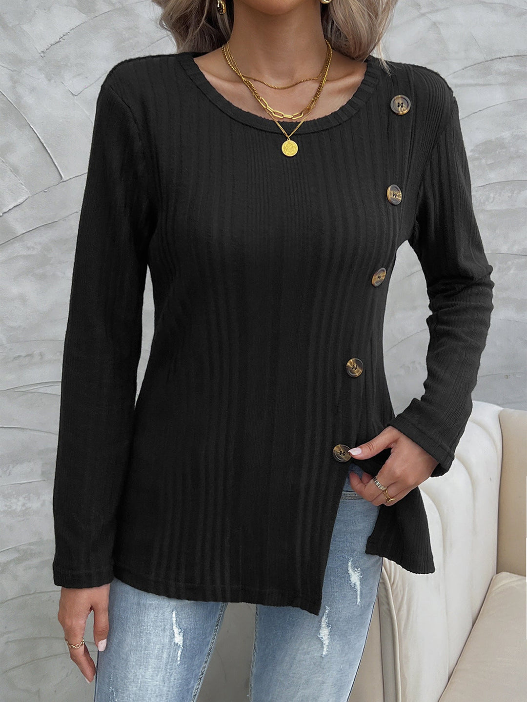 Drune Schwarzes Rundhals schrägknopf Strickoberteil