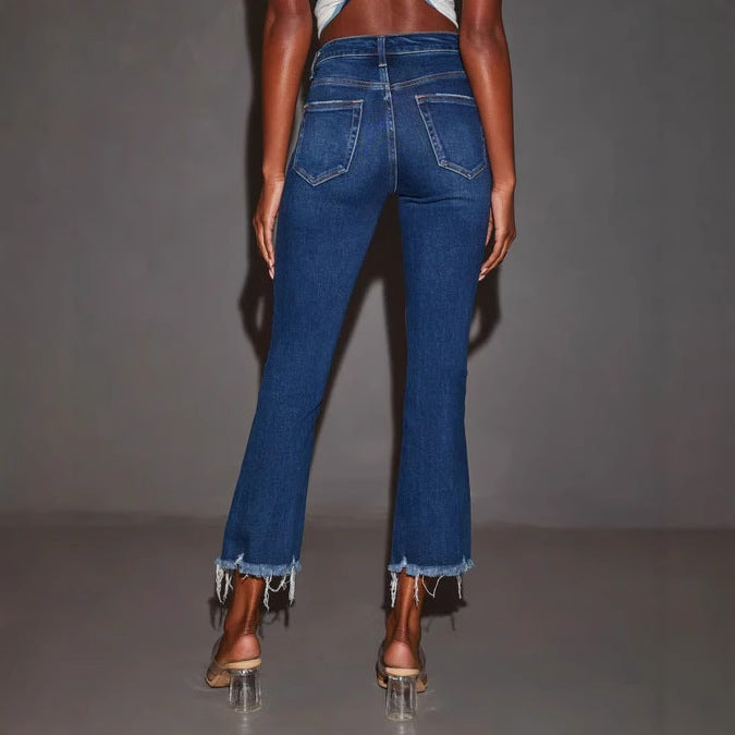 Damen Flared Jeans mit fransendem Saum und lässigem Destroyed-Effekt Drune